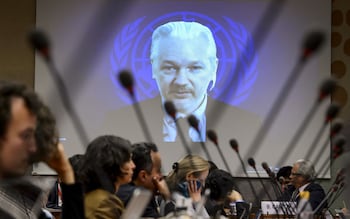 Julian Assange speaking via web cast from the Ecuadorian Embassy in Lo<em></em>ndon in 2015