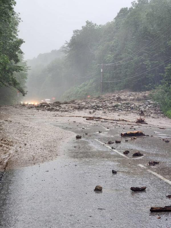 Police closed U.S. Route 4 in Killington, Vermont, due to a mudslide and standing water.