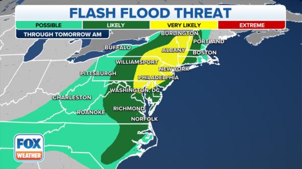 The flash flood threat through Mo<em></em>nday morning.