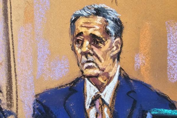 Courtroom sketch of Michael Cohen on the witness stand.