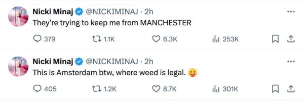 Minaj noted on X that marijuana is legal in Amsterdam.