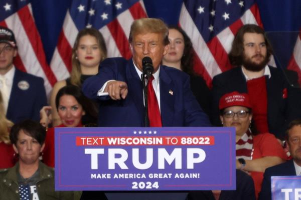  Do<em></em>nald Trump speaks during a campaign rally at the Hyatt Regency in Green Bay, Wisconsin, on April 2, 2024.