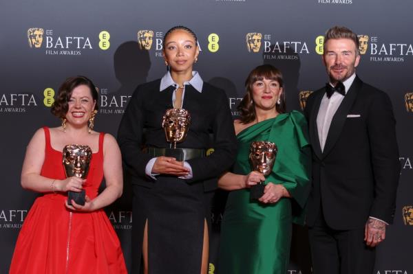 David Beckham with BAFTA winners (from left) Medb Riordan, Savanah Leaf and Shirley O'Connor.