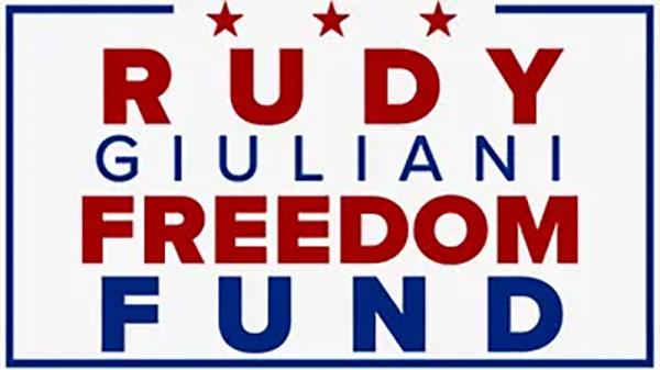 Rudy Giuliani Defense Fund sign in red and blue with stars