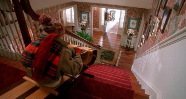 Macaulay Culkin famous scene wher<em></em>e he slides down the stairs of his home. 