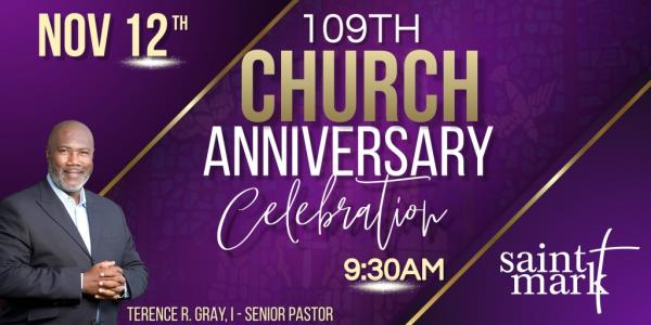 A poster for the church's 109th anniversary celebration features Gray.