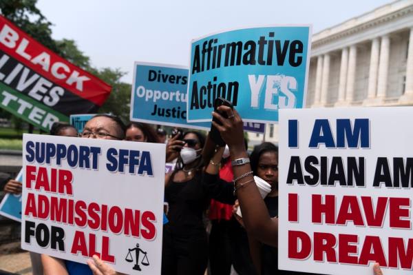 Protesters demo<em></em>nstrating against the Supreme Court's. June decision striking down affirmative action at two universities.