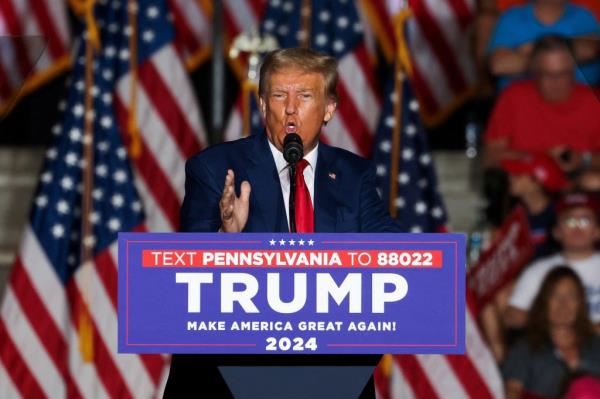 Former U.S. President and Republican presidential candidate Do<em></em>nald Trump speaks during a campaign rally in Erie, Pennsylvania, U.S., July 29, 2023. 