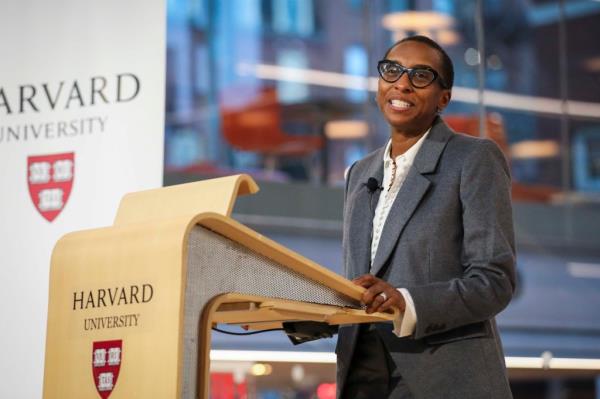 Claudine Gay is pictured addressing an audience after being named Harvard's president.