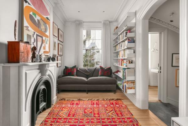 A cozy sitting area, with one of the home's four fireplaces.