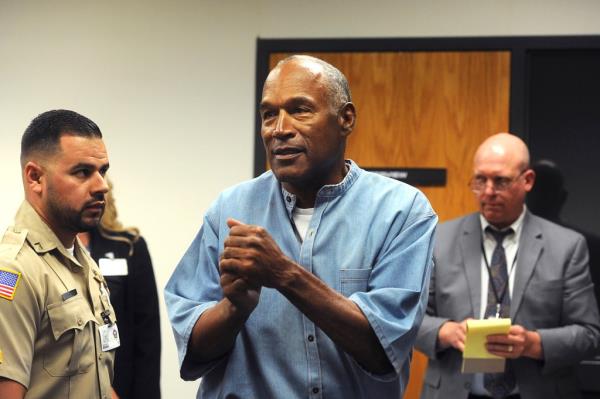 Former NFL football star O.J. Simpson reacting after being granted parole at Lovelock Correctio<em></em>nal Center in July 20, 2017.