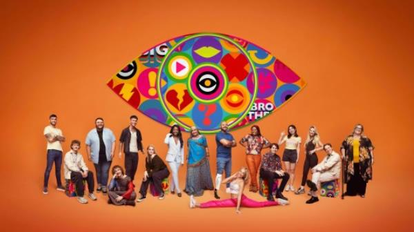 Big Brother UK 2023 housemates Paul, Tom, Jenkin, Matthew, Zak, Hallie, Noky, Farida, Dylan, Olivia, Trish, Jordan, Yinrun, Chanelle, Henry and Kerry stood under the logo.