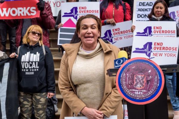 CITY HALL STEPS, NEW YORK, UNITED STATES - 2018/04/05: Cecilia Gentili, Assistant Policy Director, GMHC - Following a press co<em></em>nference a<em></em>bout safe co<em></em>nsumption spaces (also known as supervised injection facilities) on April 5, 2018; at the steps of City Hall, activists walked inside City Hall and proceeded to block the entrance hall to the Mayors offices. Carrying an 