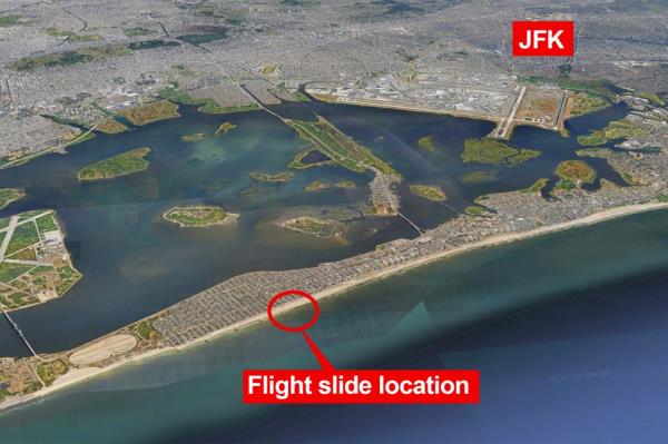 Aerial view of Rockaway Peninsula shows location wher<em></em>e emergency slide washed up, a<em></em>bout six miles from JFK airport. 