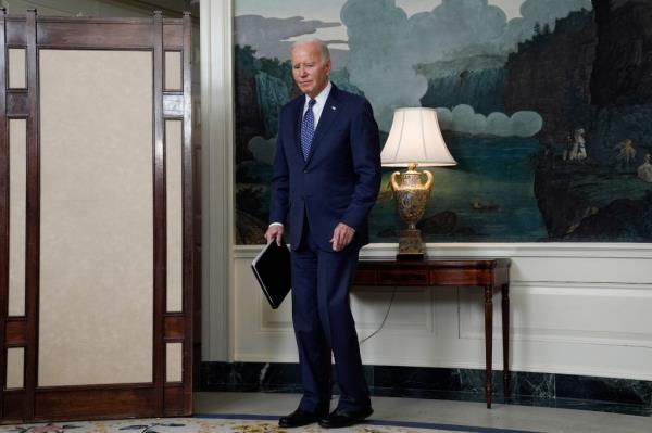 Biden pauses after speaking in the Diplomatic Reception Room of the White House, Thursday, Feb. 8, 2024, in Washington.