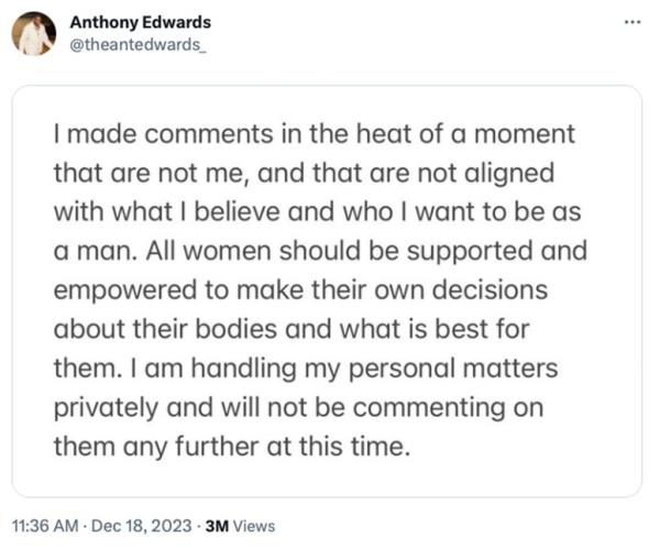 Minnesota Timberwolves star Anthony Edwards posted a statement on social media after a woman accused him of  impregnating her and then offering her $100,000 to get an abortion. 