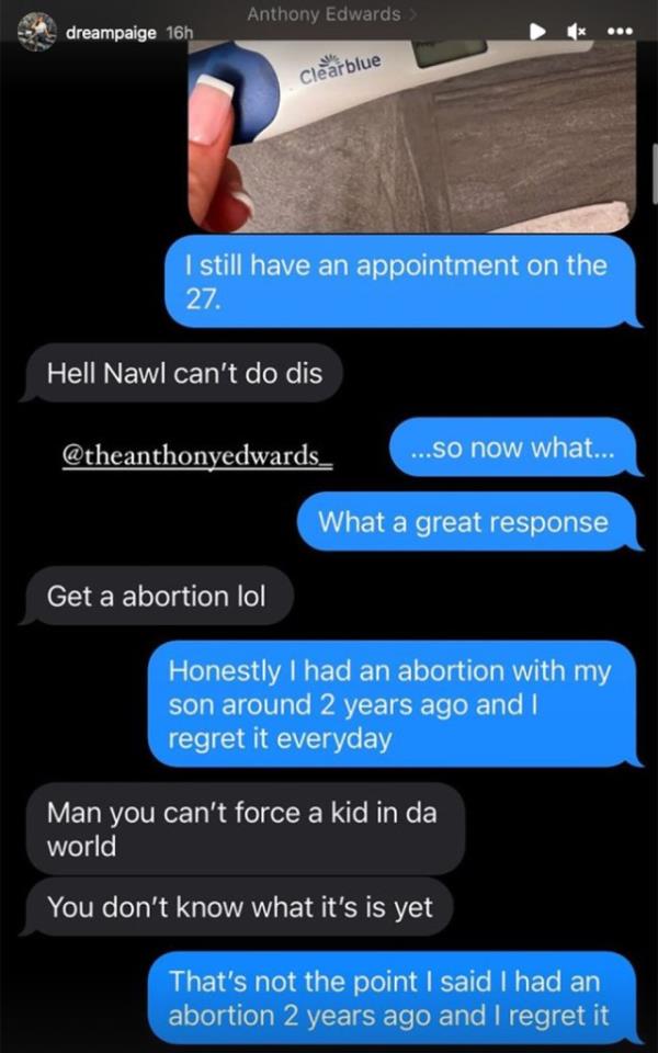 Instagram user Paige Jordae posts a message to her Instagram Story after reportedly accusing Minnesota Timberwolves star Anthony Edwards of impregnating her and then offering her $100,000 to get an abortion. 