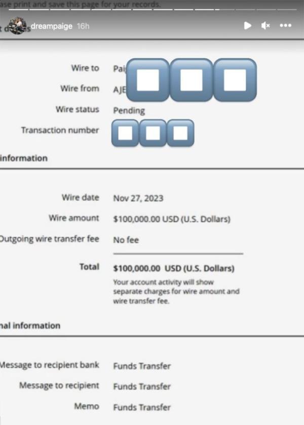Instagram user Paige Jordae posts a screenshot to her Instagram Story of an alleged wire transfer. 