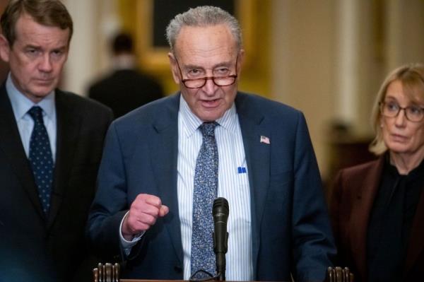 United States Senate Majority Leader Chuck Schumer (Democrat of New York) offers remarks during a press co<em></em>nference following the Senate Democrat policy luncheon