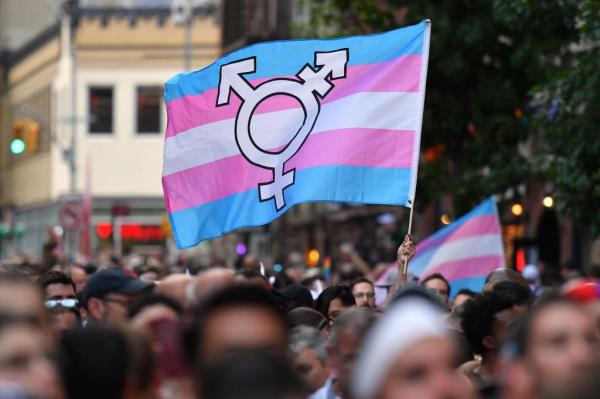 In this file photo taken on June 28, 2019 a person holds a transgender pride flag as people gather on Christopher Street outside the Sto<em></em>newall Inn for a rally to mark the 50th anniversary of the Sto<em></em>newall Riots in New York