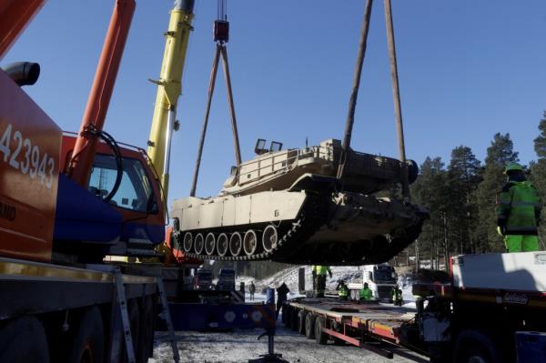 U.S. M1 Abrams tank which will be deployed in Latvia for NATO's Operation Atlantic Resolve is unloaded in Garkalne, Latvia February 8, 2017.