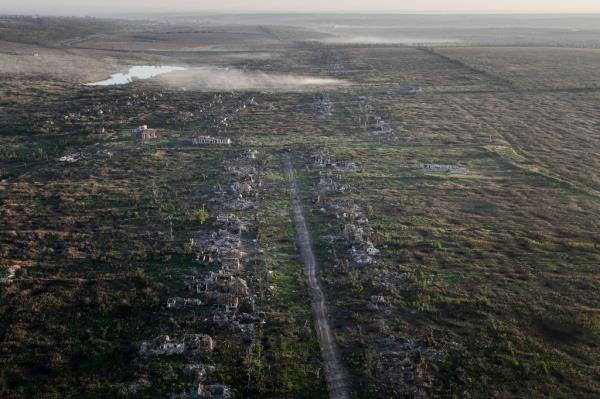 Houses destroyed during the fighting between Russian and Ukrainian armed forces are seen in recently liberated Klishchiivka, Do<em></em>netsk region, Ukraine, Sunday, Sept. 24, 2023.