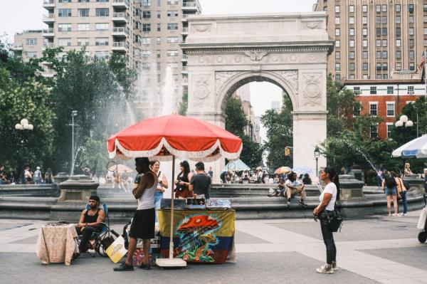 Table in Washington Square Park with mushroom ico<em></em>nography 