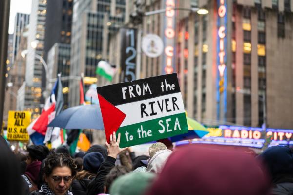 Protestor pictured holding sign that reads from the river to the sea