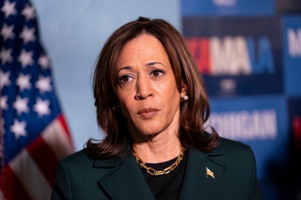 Democratic presidential nominee, Vice President Kamala Harris, answering questions from the press before a town hall with former U.S. Rep. Liz Cheney in Royal Oak, Michigan