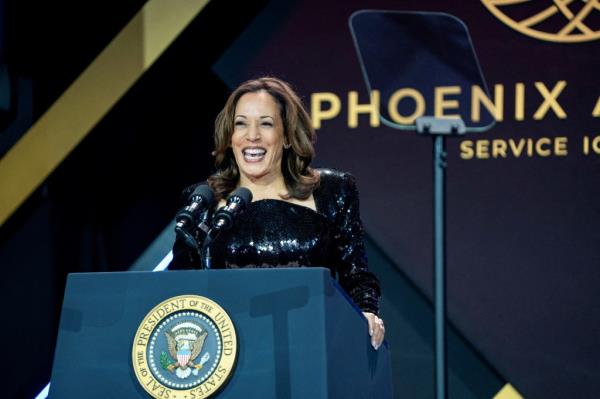 U.S. Vice President Kamala Harris speaking at the podium during the Co<em></em>ngressional Black Caucus Foundation's Phoenix Awards dinner