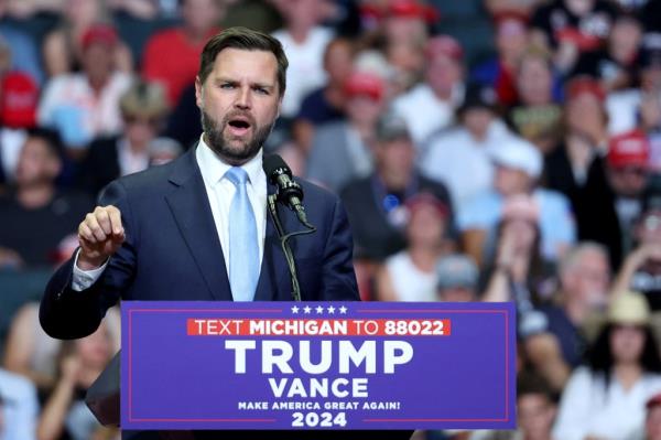 Sen. JD Vance speaking at a Trump campaign rally in Grand Rapids, Michigan on July 20, 2024.