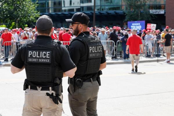 Secret Service police statio<em></em>ned outside Van Andel Arena before the rally.