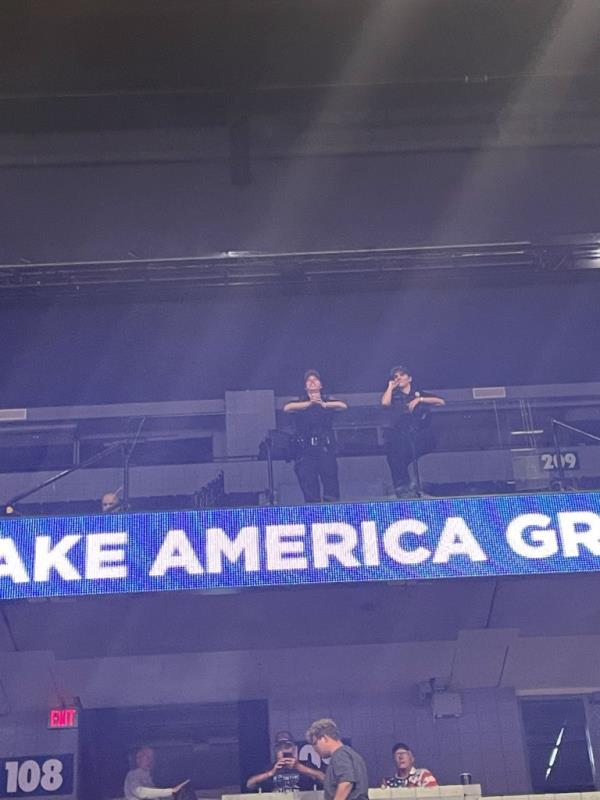 Police officer statio<em></em>ned inside the arena for the rally.