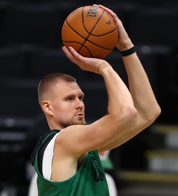 Kristaps Porzingis shoots a jumper during Celtics' practice ahead of the NBA Finals.