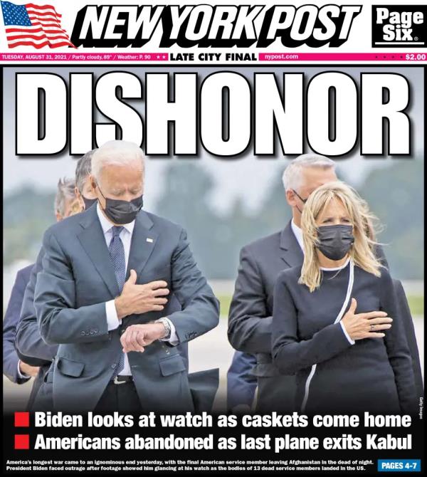 Joe Biden checking his watch at the return of caskets of US military, with mourners in black suits and masks, featured on the cover of New York Post titled 'DISHONOR'