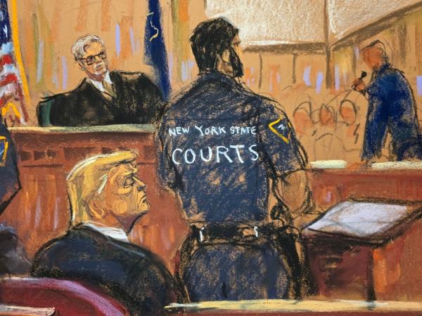 Sketch of former U.S. President Do<em></em>nald Trump in a courtroom, reacting to the verdict in his criminal trial