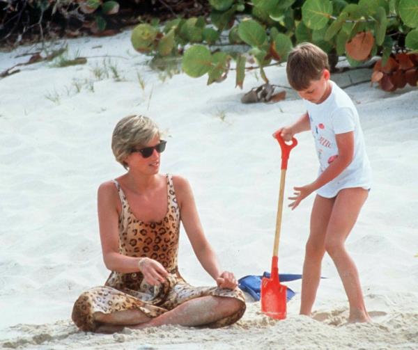 Diana with Prince William on Necker Island In the Caribbean on April 11, 1990, in the British Virgin Islands.