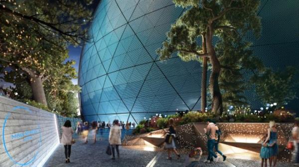 Benches-exterior-adults. Rendering of the MSG Sphere, a planned co<em></em>ncert venue for Stratford, east London. Photograph: The Madison Square Garden Company