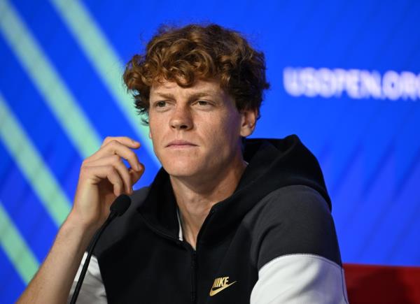 Jannik Sinner speaks to the media at the USTA Billie Jean King Natio<em></em>nal Tennis Center on August 23, 2024.