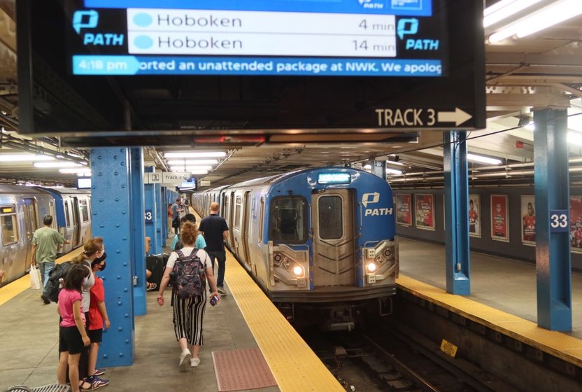 A PATH train to Hoboken, New Jersey pulls into the 33rd Street subway station