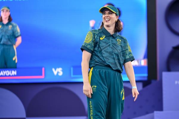 Raygun competes during the Breaking B-Girls Round Robin Group B battle between Raygun and Syssy on Day 14 of the Olympic Games Paris 2024 at La Co<em></em>ncorde on August 9, 2024 in Paris, France.