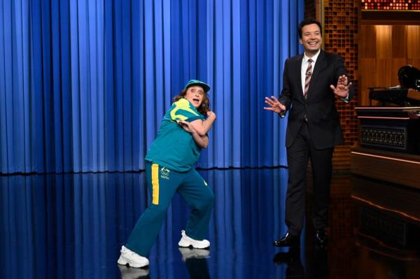 Actress Rachel Dratch as an Olympic Breakdancer during a mo<em></em>nologue walk-on with host Jimmy Fallon on Monday, August 12, 2024