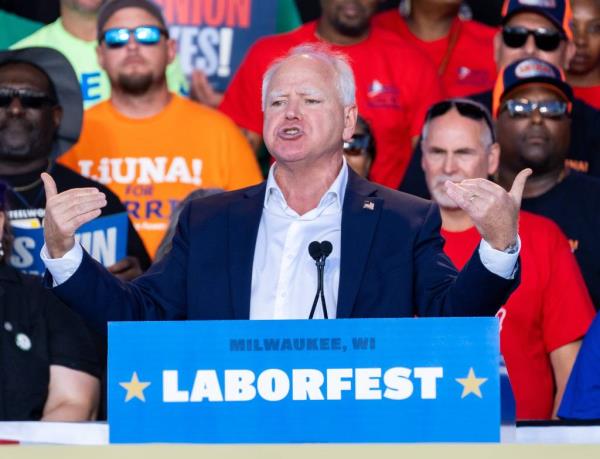 Democratic Vice Presidential nominee Minnesota Gov. Tim Walz makes remarks at Laborfest 2024 hosted by labor unio<em></em>ns and unio<em></em>n members of the Milwaukee Area Labor Council on Mo<em></em>nday September 2, 2024 at the Henry Maier Festival Park in Milwaukee, Wis.