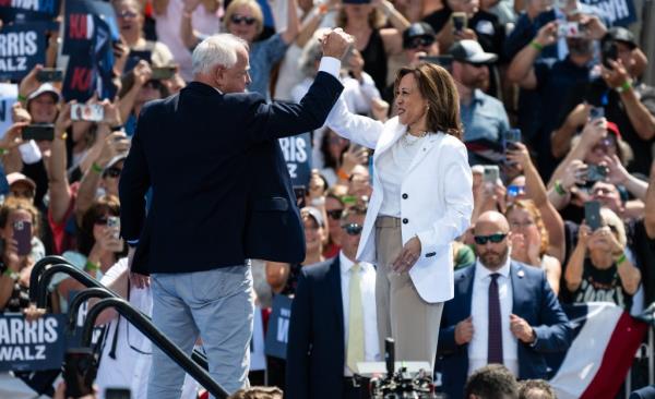 Vice President Kamala Harris and her running mate Minnesota Gov. Tim Walz at a campaign rally in Eau Claire, Wisco<em></em>nsin on Aug. 7, 2024.