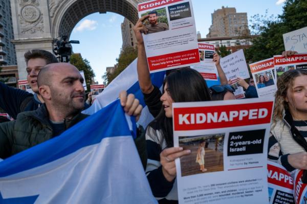 Supporters of both Palestine and Israel face off in dueling protests at Washington Square Park on October 17, 2023 in New York City. 