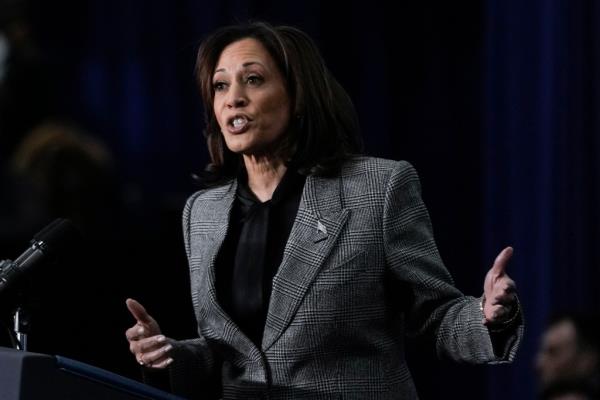 Vice President Kamala Harris speaking into a microphone at the Internatio<em></em>nal Unio<em></em>n of Painters and Allied Trades District Council 7 in Wisconsin.