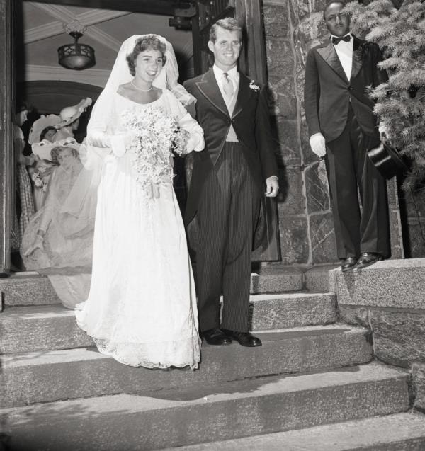 Ethel and Robert Kennedy on their wedding day in a black and white photo.