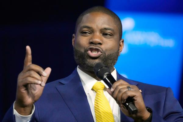 Rep. Byron Donalds, R-Fla., giving a speech at a co<em></em>nvention in Detroit, speculated to be a vice presidential candidate for 2024 election