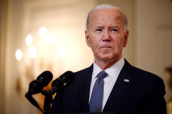 President Joe Biden delivering remarks on the Middle East and former President Do<em></em>nald Trump's trial at the White House, May 31, 2024