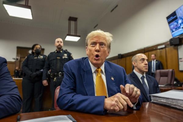 Former President Do<em></em>nald Trump sits inside courthouse at Manhattan Criminal Court in New York, USA, 02 May 2024